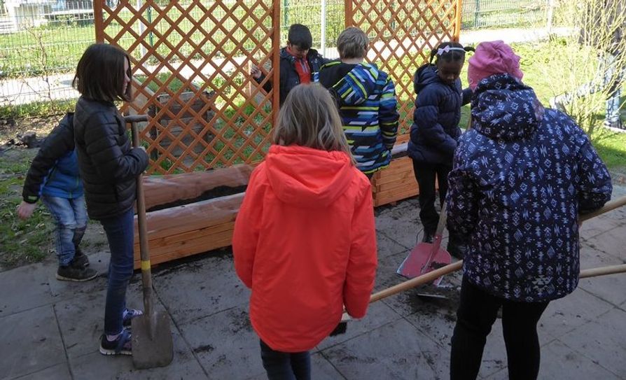 Mit der Pflanzaktion verschönern die Kinder im Rahmen des diesjährigen Sprachcamps die Terrasse auf dem Schulgelände der Beethovenschule.  Foto: hc