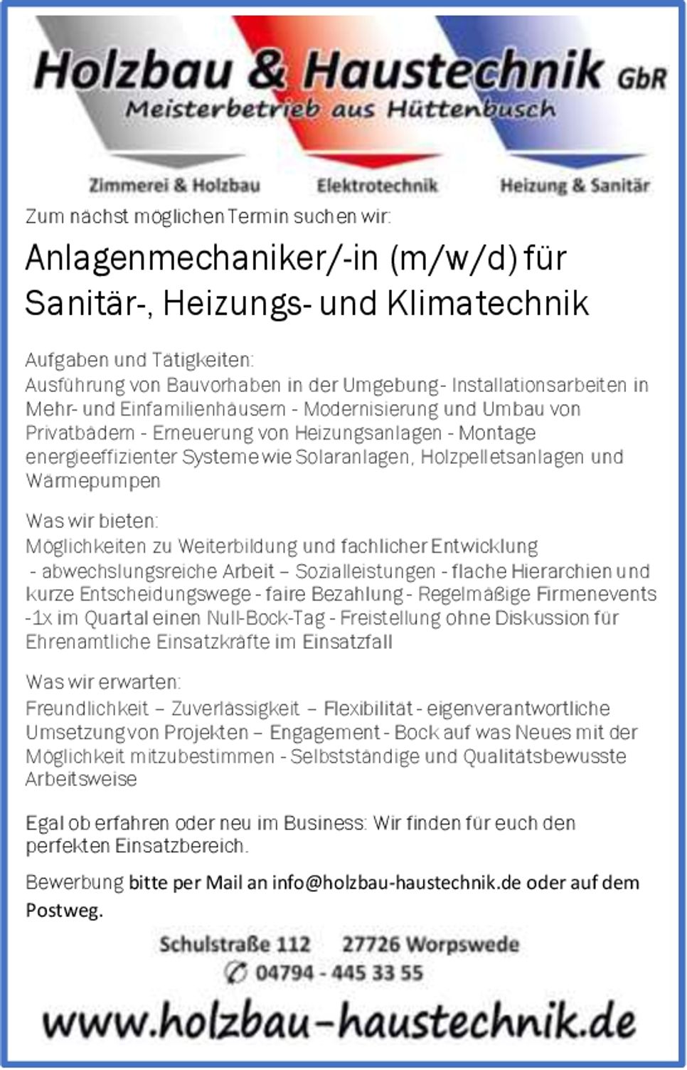 Anlagenmechaniker gesucht